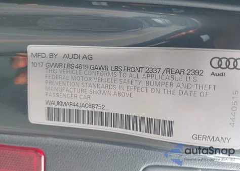 2018 Audi A4 2.0T Tech Ultra Premium/2.0T Ultra Premium z USA, uszkodzony, nr VIN WAUKMAF44JA088752